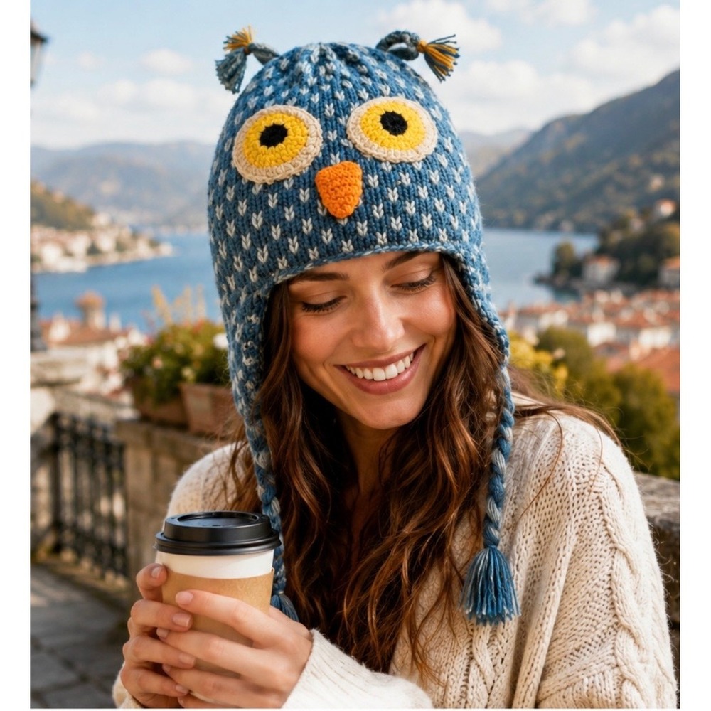 NWT Andes Gifts Owl Earflap Beanie Hat Unisex One Size Blue Alpaca Blend Knit